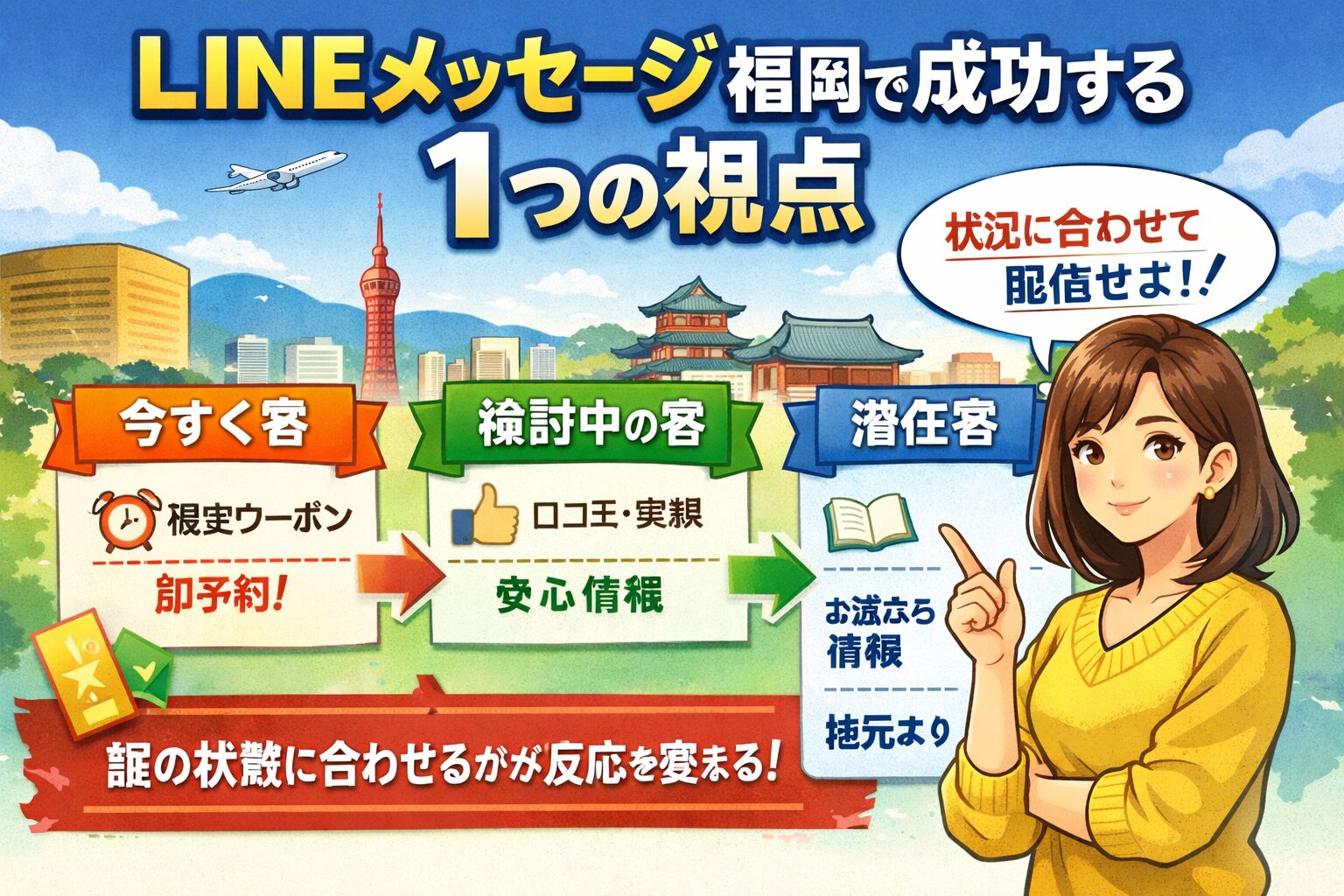 LINE公式アカウントメッセージを福岡で成功させるために、今すぐ客・検討客・潜在客に応じた配信設計を示した構成