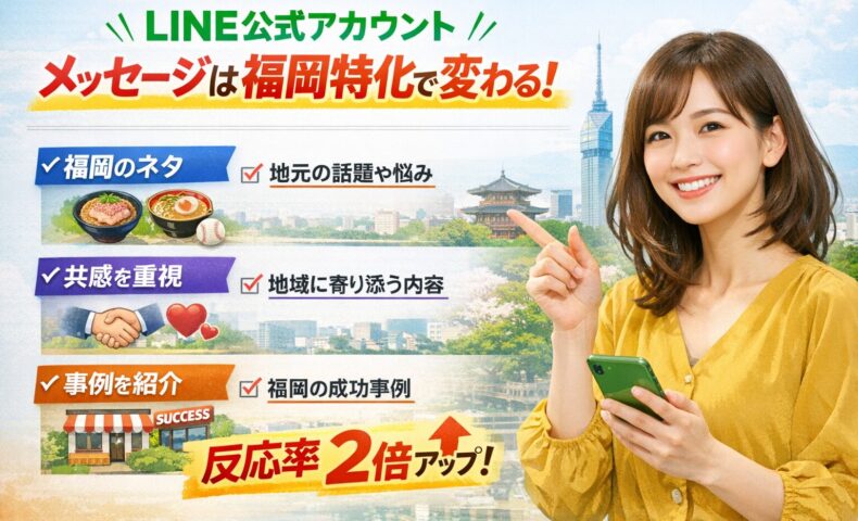 LINE公式アカウントメッセージを福岡特化で改善し、地域性・共感・事例によって反応率が向上する考え方を示した構成
