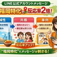 LINE公式アカウント コンテンツ 福岡で成果を出すために、地域性・共感・事例の3要素で反応率を高める構成を示した内容