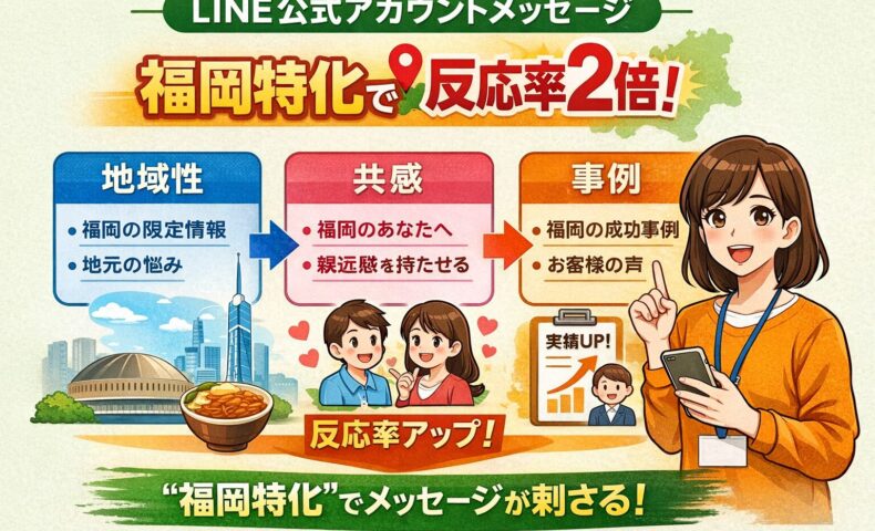 LINE公式アカウント コンテンツ 福岡で成果を出すために、地域性・共感・事例の3要素で反応率を高める構成を示した内容