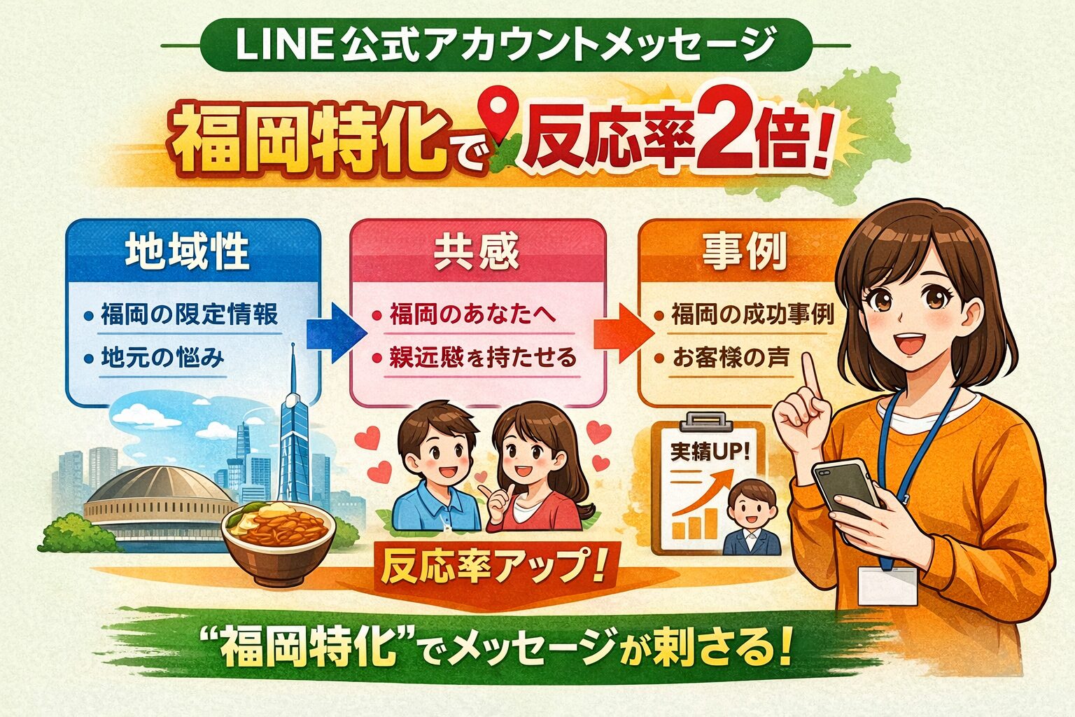 LINE公式アカウント コンテンツ 福岡で成果を出すために、地域性・共感・事例の3要素で反応率を高める構成を示した内容