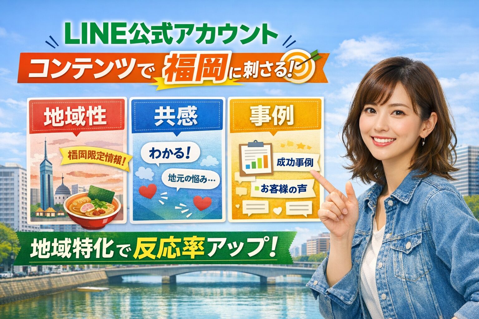 LINE公式アカウント コンテンツ 福岡で成果を出すために、地域性・共感・事例の3要素で反応率を高める構成と女性が解説するビジュアル