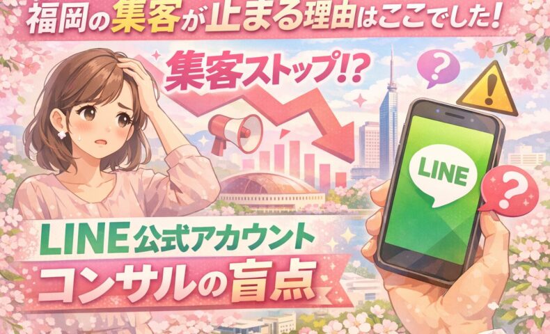 福岡で集客に悩む女性とLINE画面を表示したスマホを配置し、LINE公式アカウントコンサルの盲点を示した構成