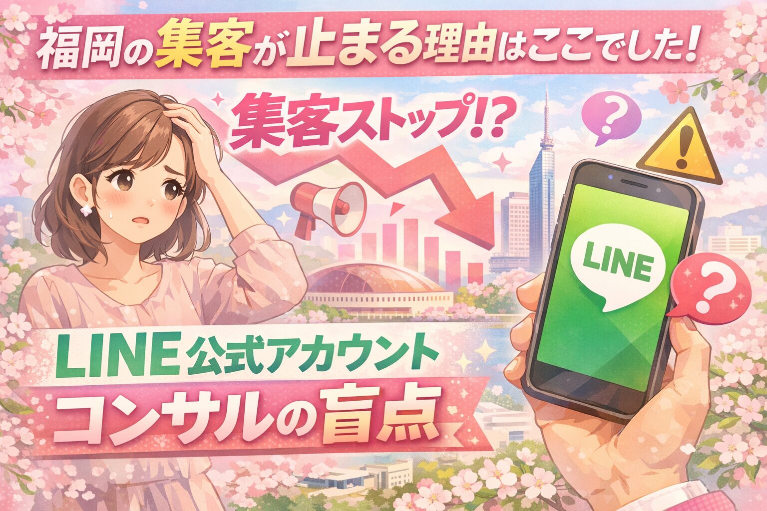 福岡で集客に悩む女性とLINE画面を表示したスマホを配置し、LINE公式アカウントコンサルの盲点を示した構成
