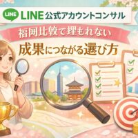 福岡でLINE公式アカウントコンサルを比較検討する女性と、成果につながる選び方を示すチェック項目や上昇グラフの構成