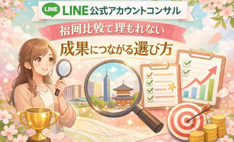 福岡でLINE公式アカウントコンサルを比較検討する女性と、成果につながる選び方を示すチェック項目や上昇グラフの構成