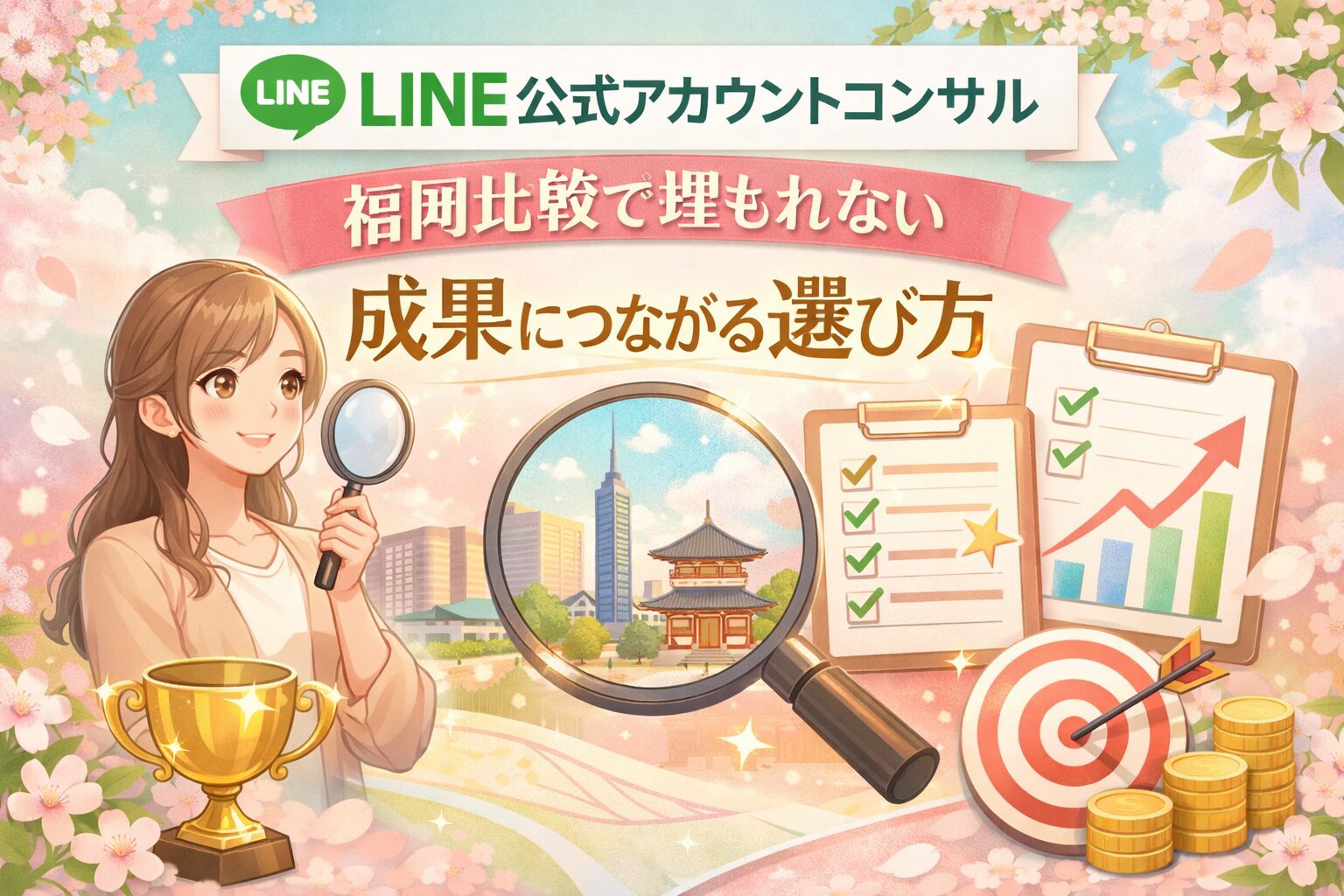 福岡でLINE公式アカウントコンサルを比較検討する女性と、成果につながる選び方を示すチェック項目や上昇グラフの構成