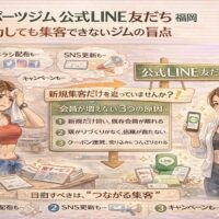 チラシ配布やSNS更新、キャンペーンを続けても会員が増えず悩むジム経営者と、公式LINE友だちを活用した集客の違いを示す構成。スポーツジム 公式LINE 友だち 福岡の盲点を整理している。