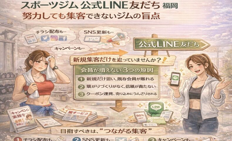チラシ配布やSNS更新、キャンペーンを続けても会員が増えず悩むジム経営者と、公式LINE友だちを活用した集客の違いを示す構成。スポーツジム 公式LINE 友だち 福岡の盲点を整理している。