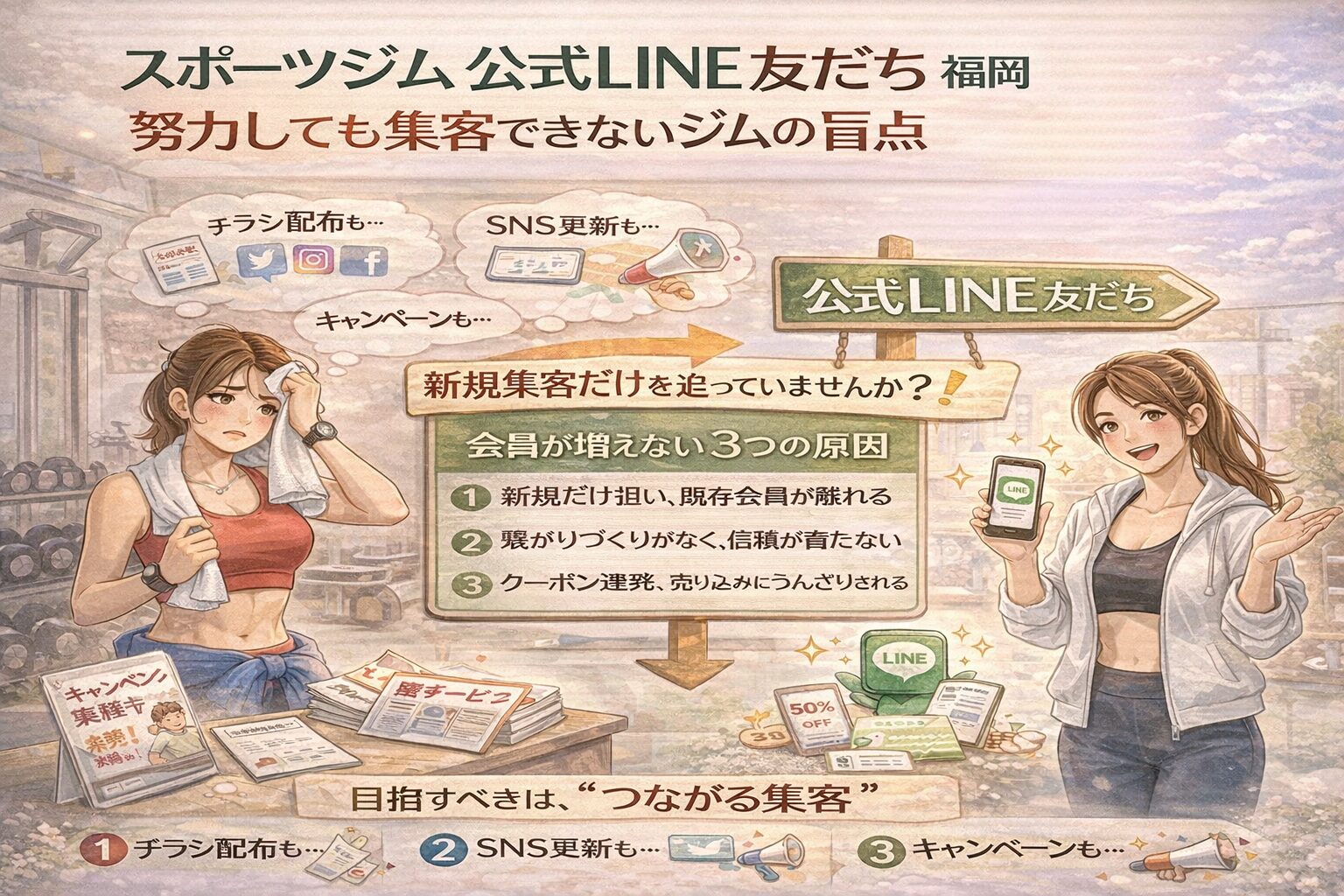 チラシ配布やSNS更新、キャンペーンを続けても会員が増えず悩むジム経営者と、公式LINE友だちを活用した集客の違いを示す構成。スポーツジム 公式LINE 友だち 福岡の盲点を整理している。