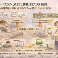 広告やSNSに頼り毎月の集客に悩むジム経営者と、公式LINE友だち運用で会員が安定して増える流れを対比。スポーツジム 公式LINE 友だち 福岡の集客設計の違いを示している。