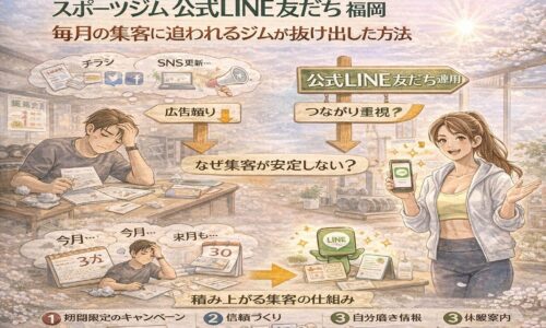 広告やSNSに頼り毎月の集客に悩むジム経営者と、公式LINE友だち運用で会員が安定して増える流れを対比。スポーツジム 公式LINE 友だち 福岡の集客設計の違いを示している。