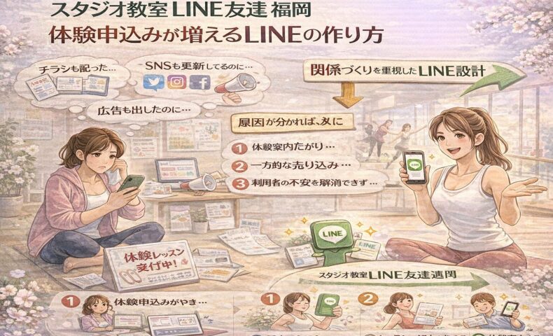 チラシやSNS、広告を続けても体験申込みが増えない教室と、関係づくり型LINE設計で申込みが増える教室の違いを示す構成。スタジオ教室 LINE 友達 福岡の集客設計を整理している。