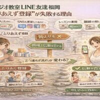 割引やキャンペーン目的のLINE登録では体験申込みにつながらない教室と、信頼を育てる配信で申込みにつながる教室の違いを示す構成。スタジオ教室 LINE 友達 福岡の導線設計を整理している。