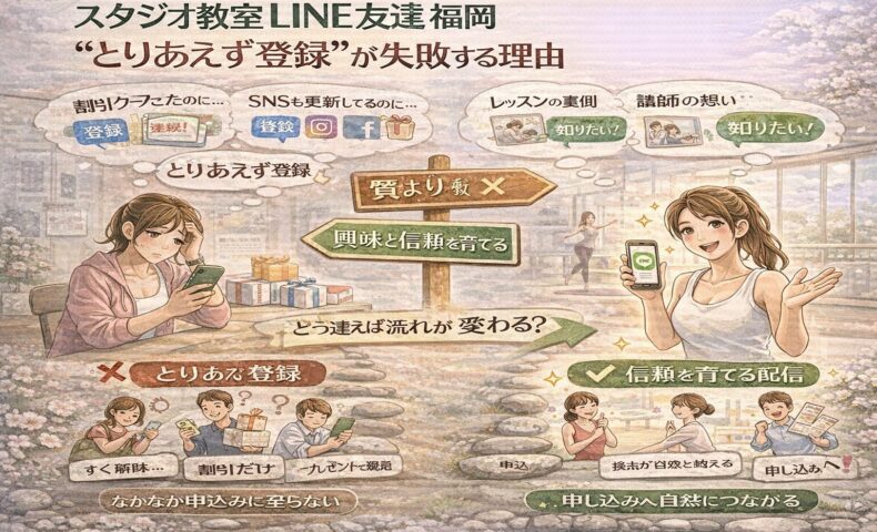 割引やキャンペーン目的のLINE登録では体験申込みにつながらない教室と、信頼を育てる配信で申込みにつながる教室の違いを示す構成。スタジオ教室 LINE 友達 福岡の導線設計を整理している。
