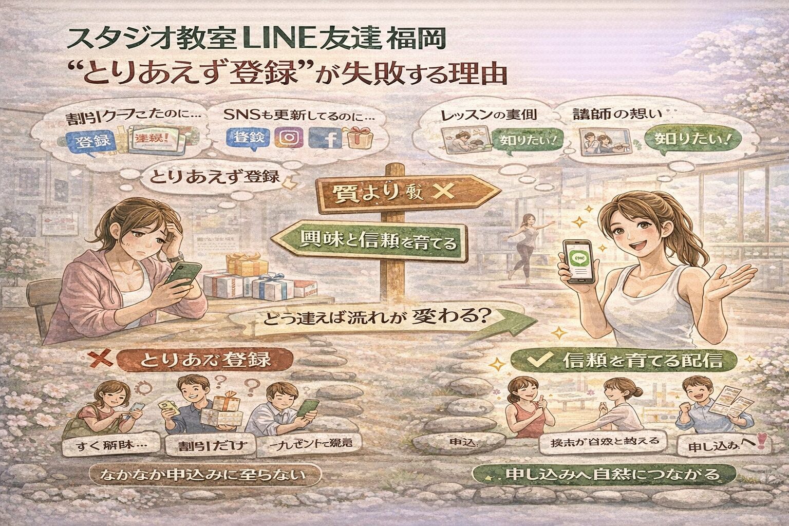 割引やキャンペーン目的のLINE登録では体験申込みにつながらない教室と、信頼を育てる配信で申込みにつながる教室の違いを示す構成。スタジオ教室 LINE 友達 福岡の導線設計を整理している。