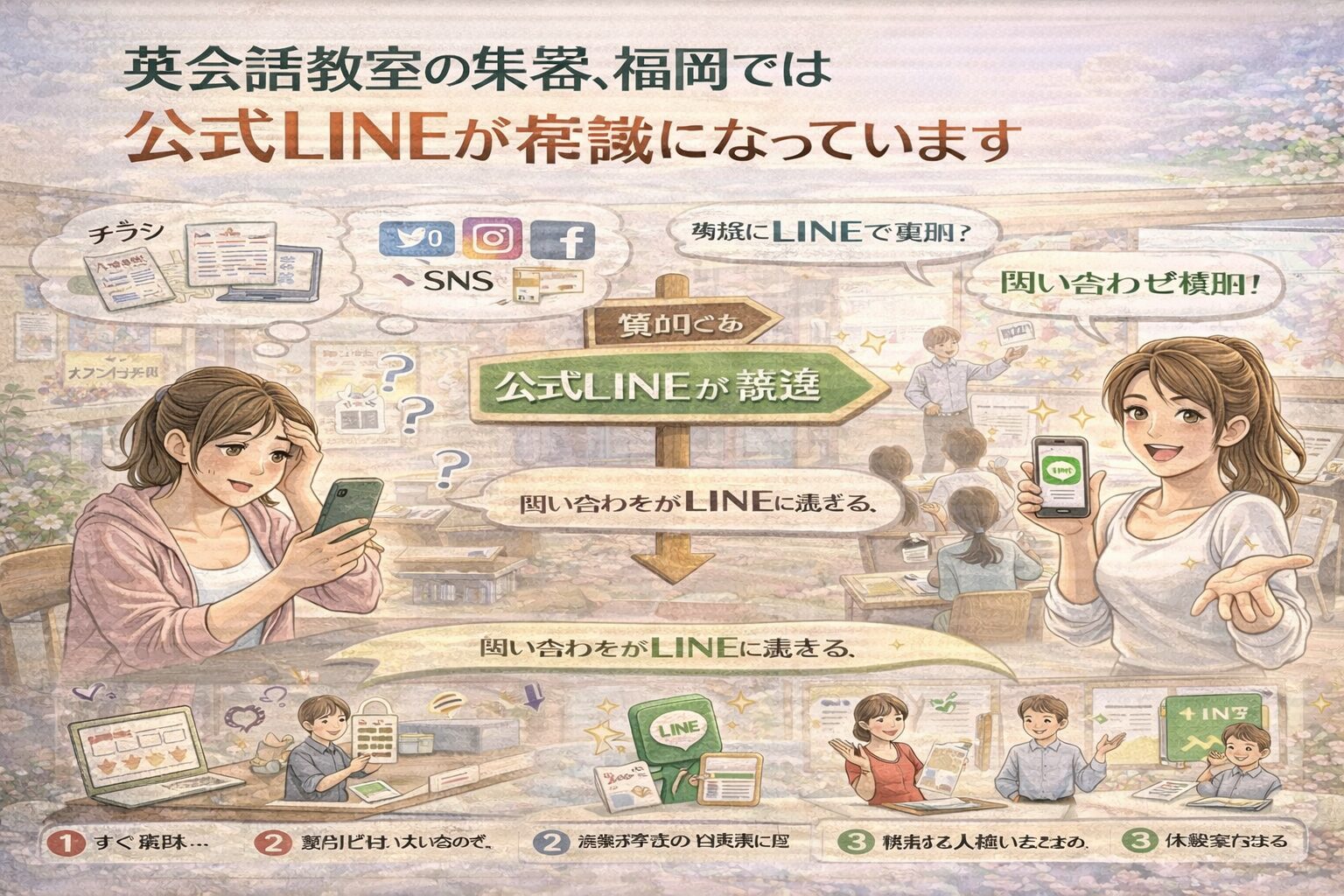 チラシやSNSでは問い合わせが増えず悩む英会話教室と、公式LINEを導線にして問い合わせが増える教室の違いを示す構成。英会話 集客 福岡でLINEが主流になっている流れを整理している。