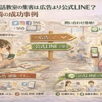 広告やSNSで集客に悩む英会話教室と、公式LINEを活用して問い合わせを増やす教室を対比。英会話 公式LINE 集客 福岡で成功する導線を示している