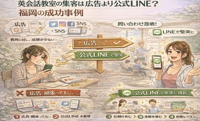 広告やSNSで集客に悩む英会話教室と、公式LINEを活用して問い合わせを増やす教室を対比。英会話 公式LINE 集客 福岡で成功する導線を示している