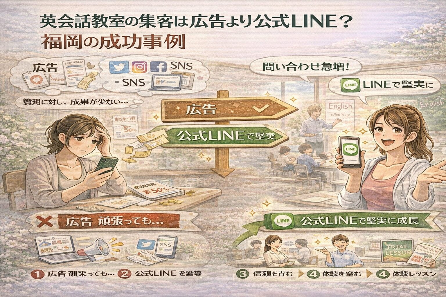 広告やSNSで集客に悩む英会話教室と、公式LINEを活用して問い合わせを増やす教室を対比。英会話 公式LINE 集客 福岡で成功する導線を示している