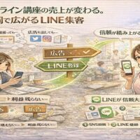 SNSや広告では申込みが増えず悩むオンライン講座運営者と、LINE登録を導線にして信頼を築き申込みが増える流れを示す構成。オンライン講座 LINE 集客 福岡の成功導線を表している
