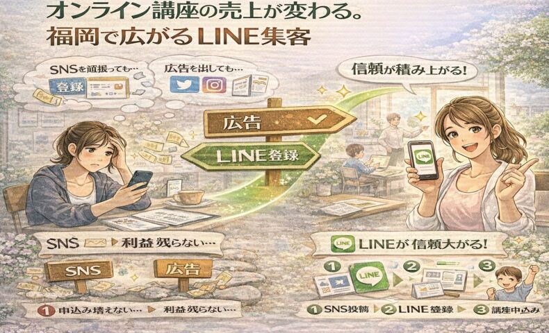 SNSや広告では申込みが増えず悩むオンライン講座運営者と、LINE登録を導線にして信頼を築き申込みが増える流れを示す構成。オンライン講座 LINE 集客 福岡の成功導線を表している