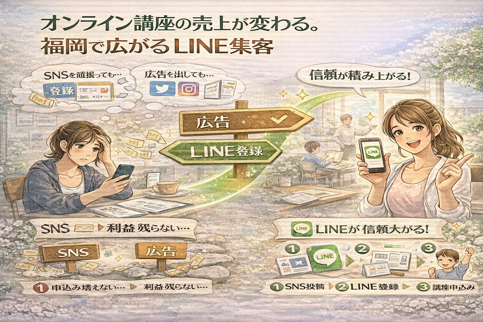 SNSや広告では申込みが増えず悩むオンライン講座運営者と、LINE登録を導線にして信頼を築き申込みが増える流れを示す構成。オンライン講座 LINE 集客 福岡の成功導線を表している