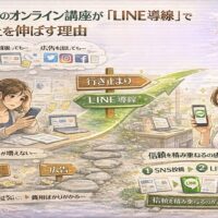 SNSや広告で申込みが増えず悩むオンライン講座運営者と、LINE導線で信頼を積み上げ講座申込みを増やす流れを対比。オンライン講座 LINE 集客 福岡の成功導線を示している