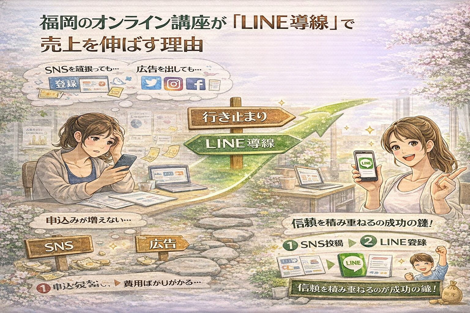 SNSや広告で申込みが増えず悩むオンライン講座運営者と、LINE導線で信頼を積み上げ講座申込みを増やす流れを対比。オンライン講座 LINE 集客 福岡の成功導線を示している