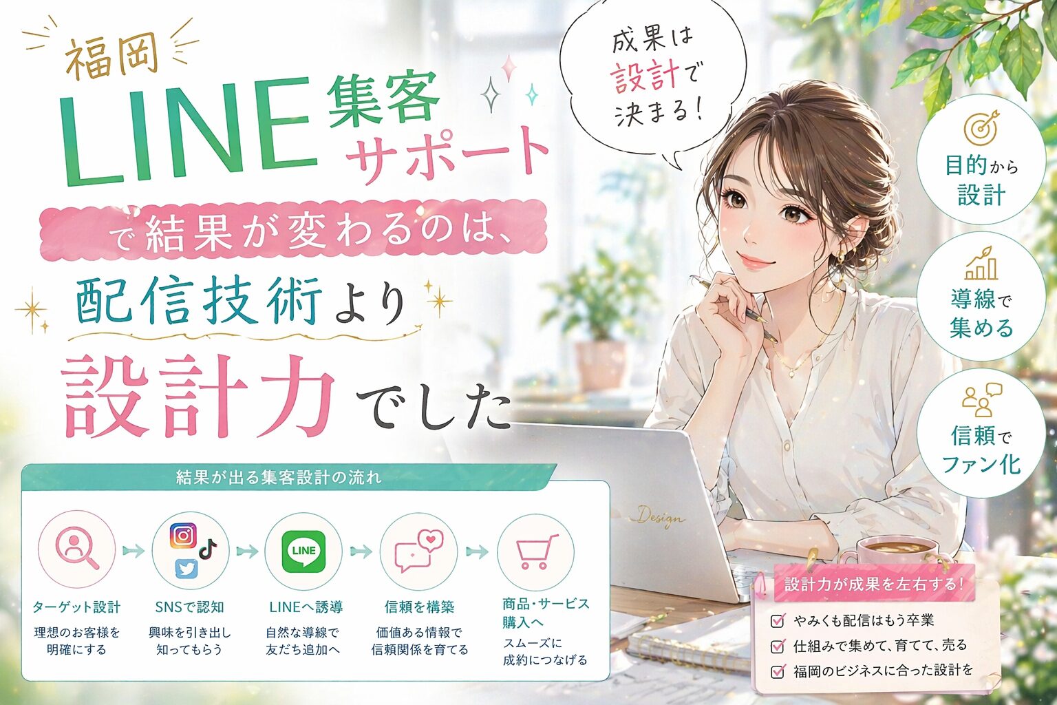 福岡 LINE 集客 サポートをテーマに、女性と設計フロー図で、配信技術より設計力が成果差を生む流れを示した構成