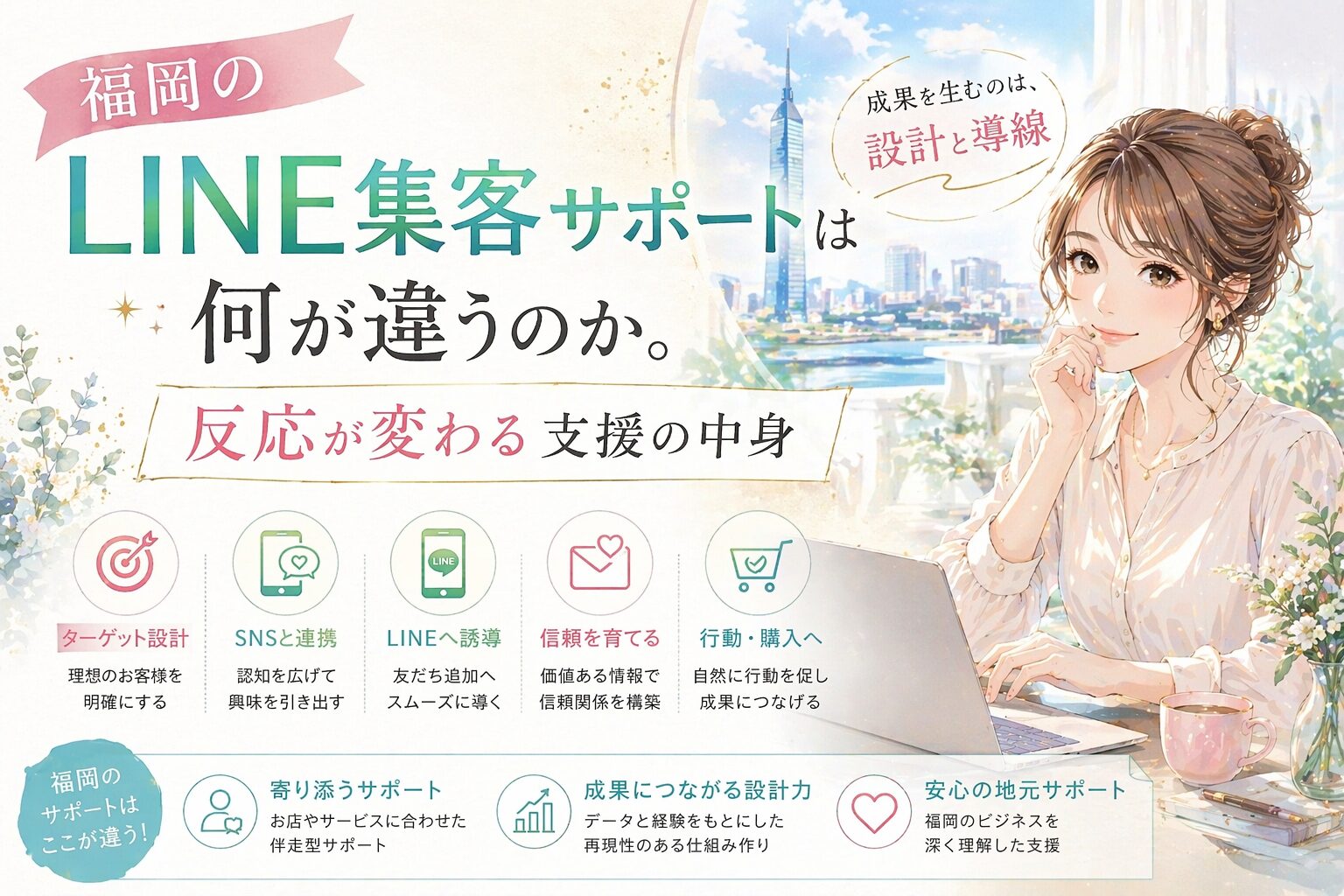 福岡 LINE 集客 サポートをテーマに、反応が変わる支援内容の違いを上品な構図で伝える内容