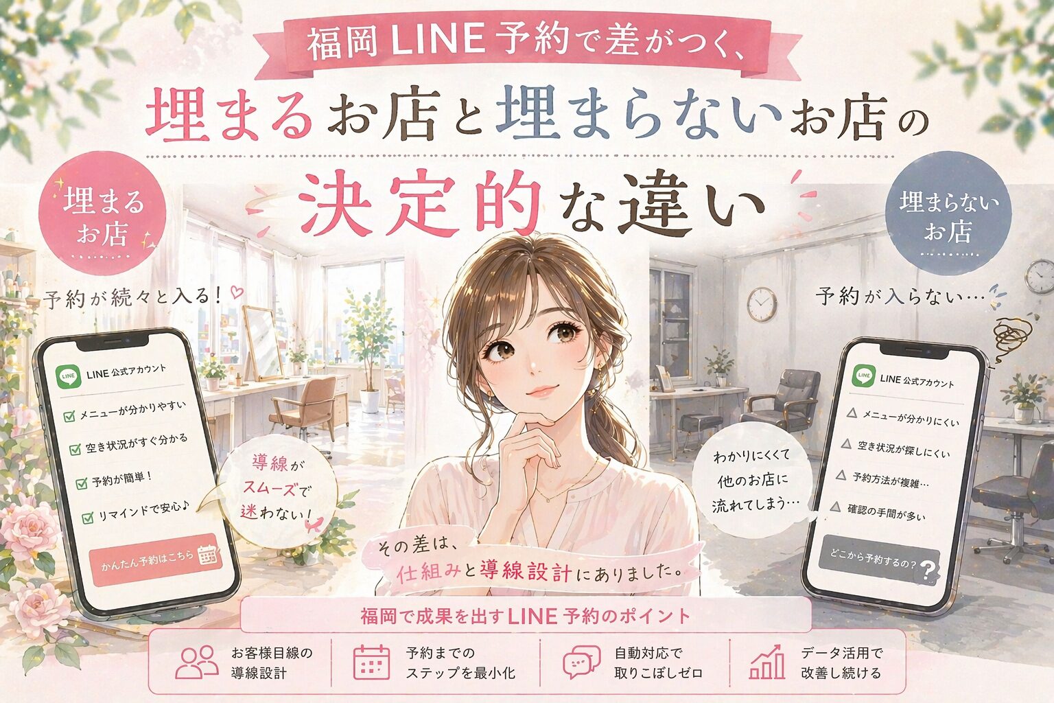 福岡 LINE 予約をテーマに、埋まるお店と埋まらないお店の違いを、予約画面と店内の対比で示した構成