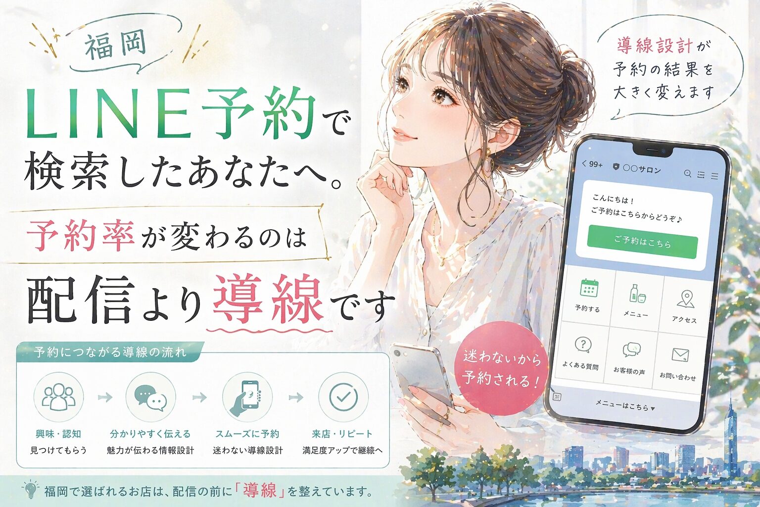 福岡 LINE 予約をテーマに、女性と予約画面付きスマホで、配信より導線設計が予約率を左右することを示した構成