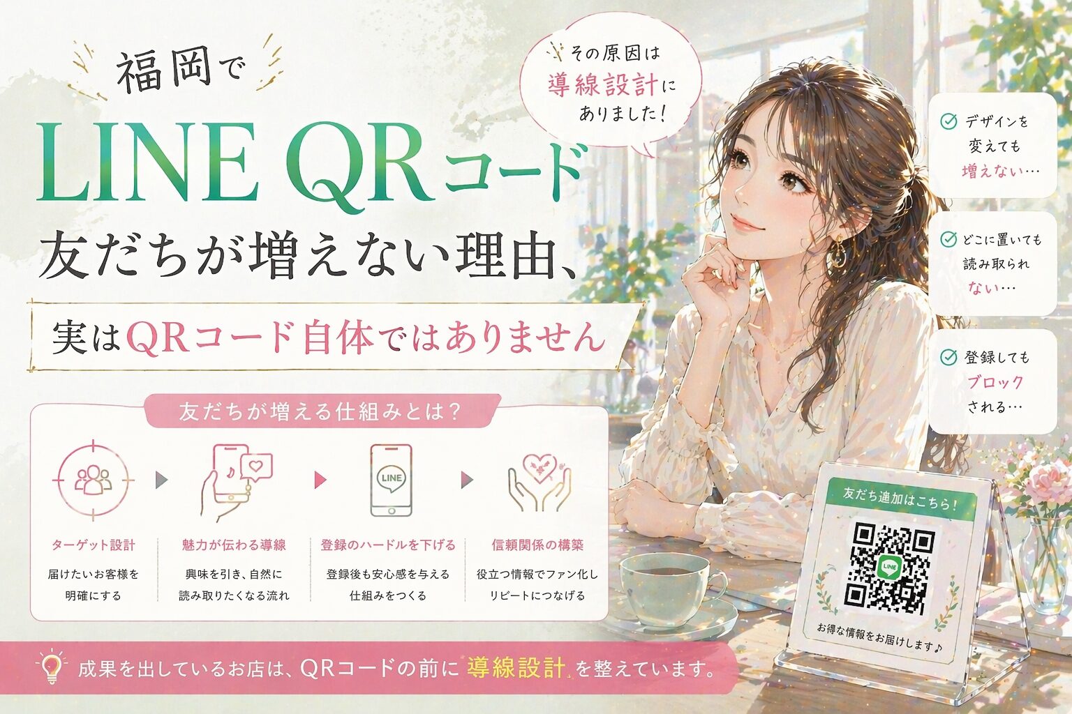 LINE QR コード 福岡をテーマに、友だちが増えない原因がQRコード自体ではないことを示す構成