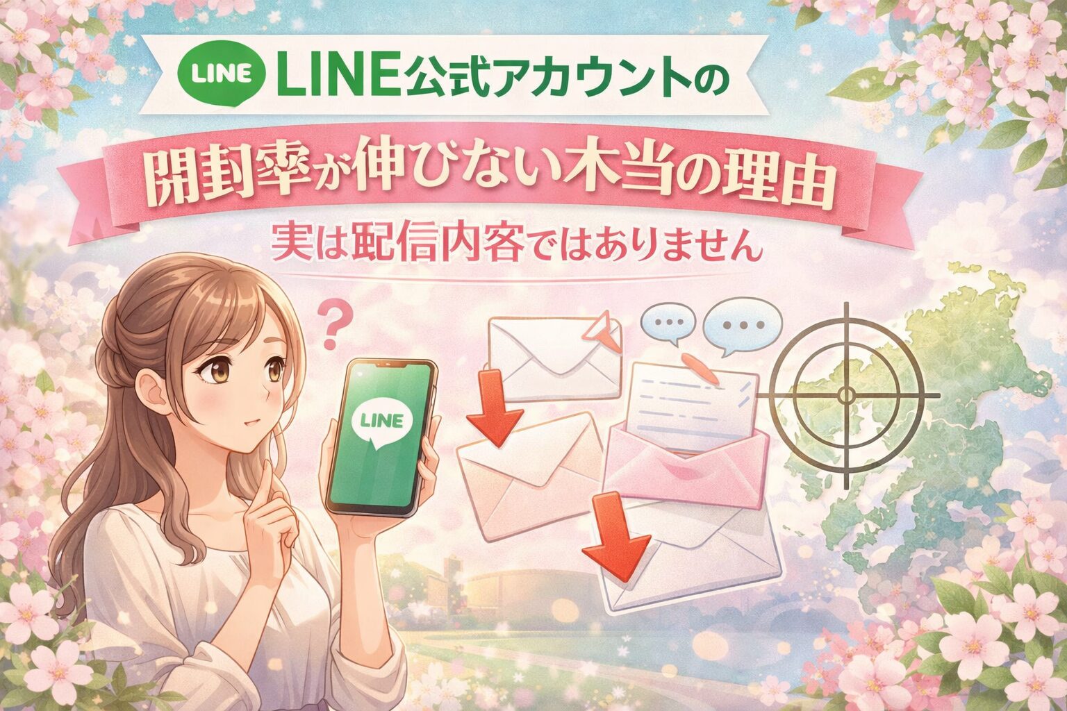 福岡でLINE公式アカウントの開封率が伸びない理由を、悩む女性、LINE画面のスマホ、未開封メッセージ、福岡地図で示した構成