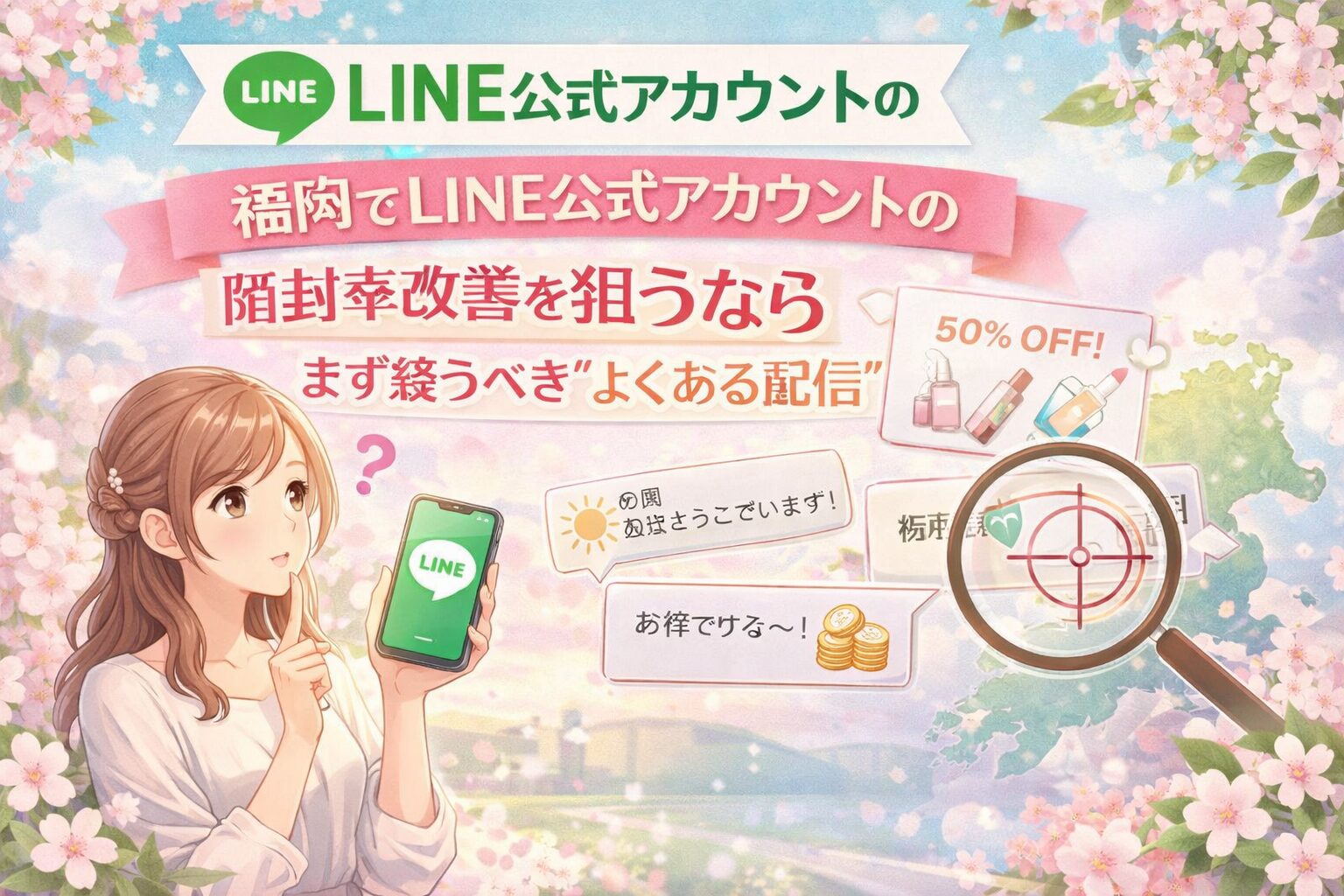 福岡でLINE公式アカウントの開封率改善を考える女性と、よくある配信例、虫眼鏡、福岡の地図で課題を示した構成
