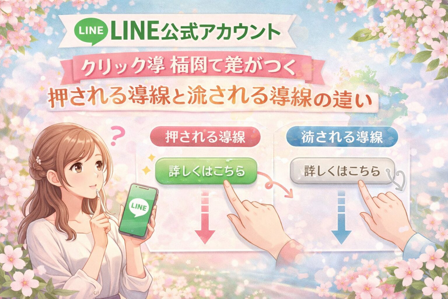 福岡でLINE公式アカウントのクリック率を比較する構成として、押される導線と流される導線の違いを女性とボタン配置で示した内容