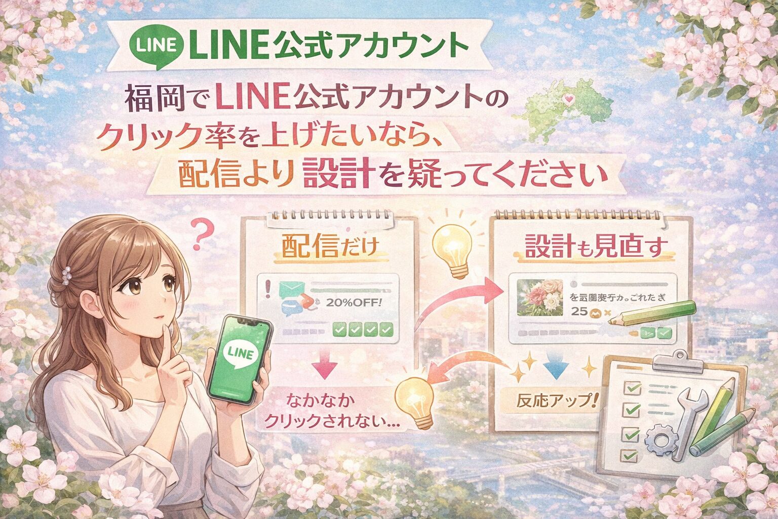 福岡でLINE公式アカウントのクリック率改善を考える女性と、配信だけの場合と設計見直し後の違いを比較した構成