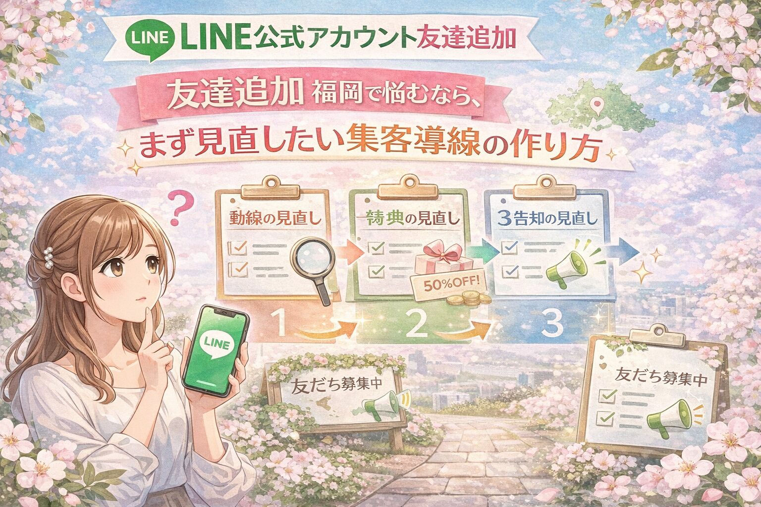 福岡でLINE公式アカウントの友達追加に悩む女性と、集客導線の見直し手順を3段階で示した構成