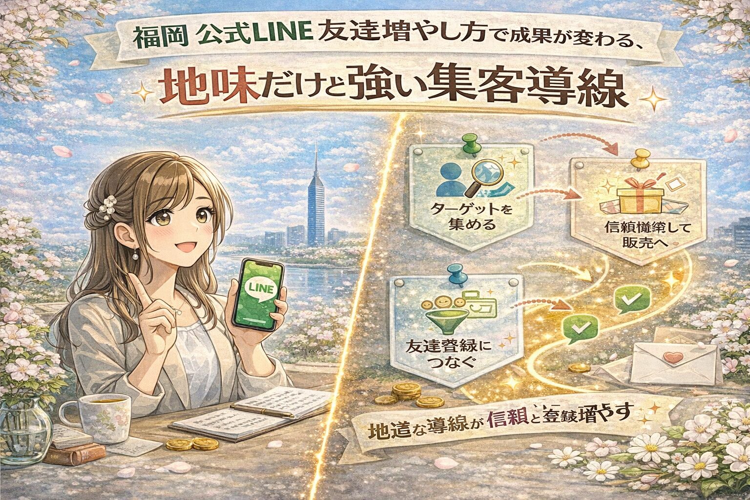 福岡 公式LINE 友達増やし方をテーマに、女性とLINE画面、地道だけど強い集客導線を段階的に示した構成
