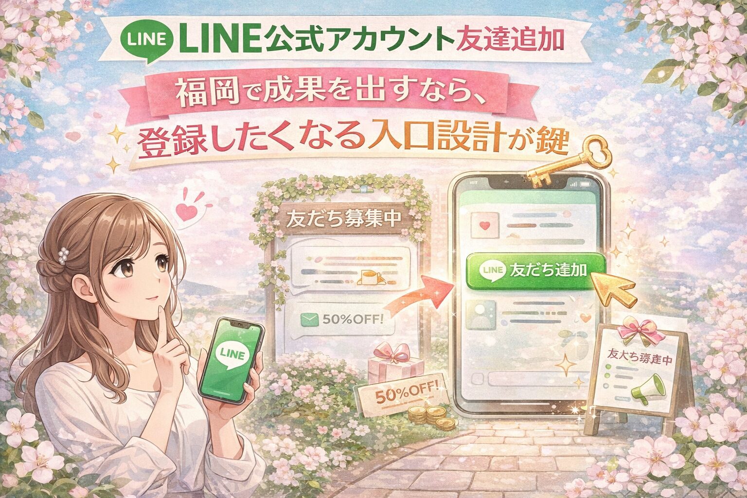 福岡でLINE公式アカウントの友達追加を増やすため、女性と友だち追加ボタン、登録したくなる入口設計を示した構成