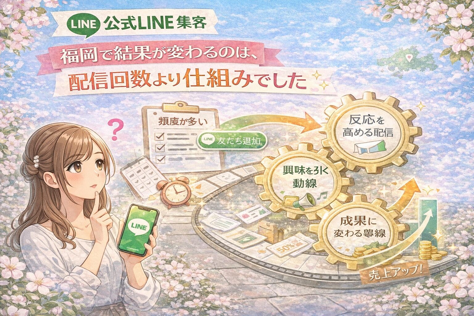 公式LINE 集客 福岡をテーマに、女性とLINE画面、配信回数より仕組みが成果差を生む流れを歯車で示した構成