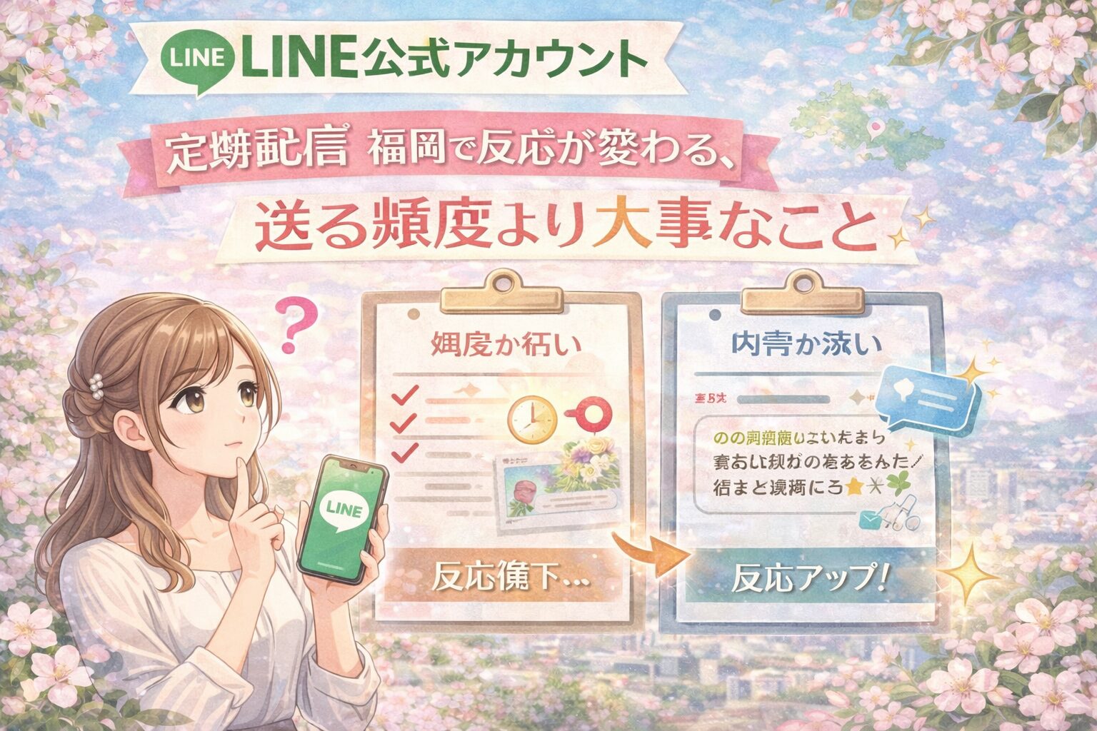 福岡でLINE公式アカウントの定期配信を見直す女性と、送る頻度より内容設計が反応差を生むことを比較した構成
