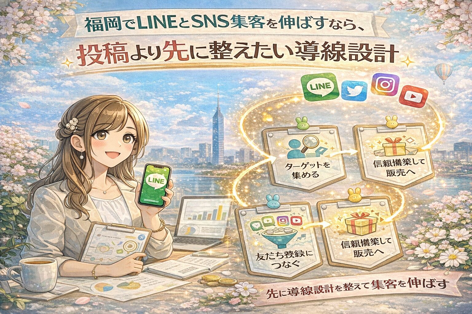 福岡 LINE SNS 集客をテーマに、女性とLINE・SNS画面、投稿前に整える導線設計の流れを図解で示した構成