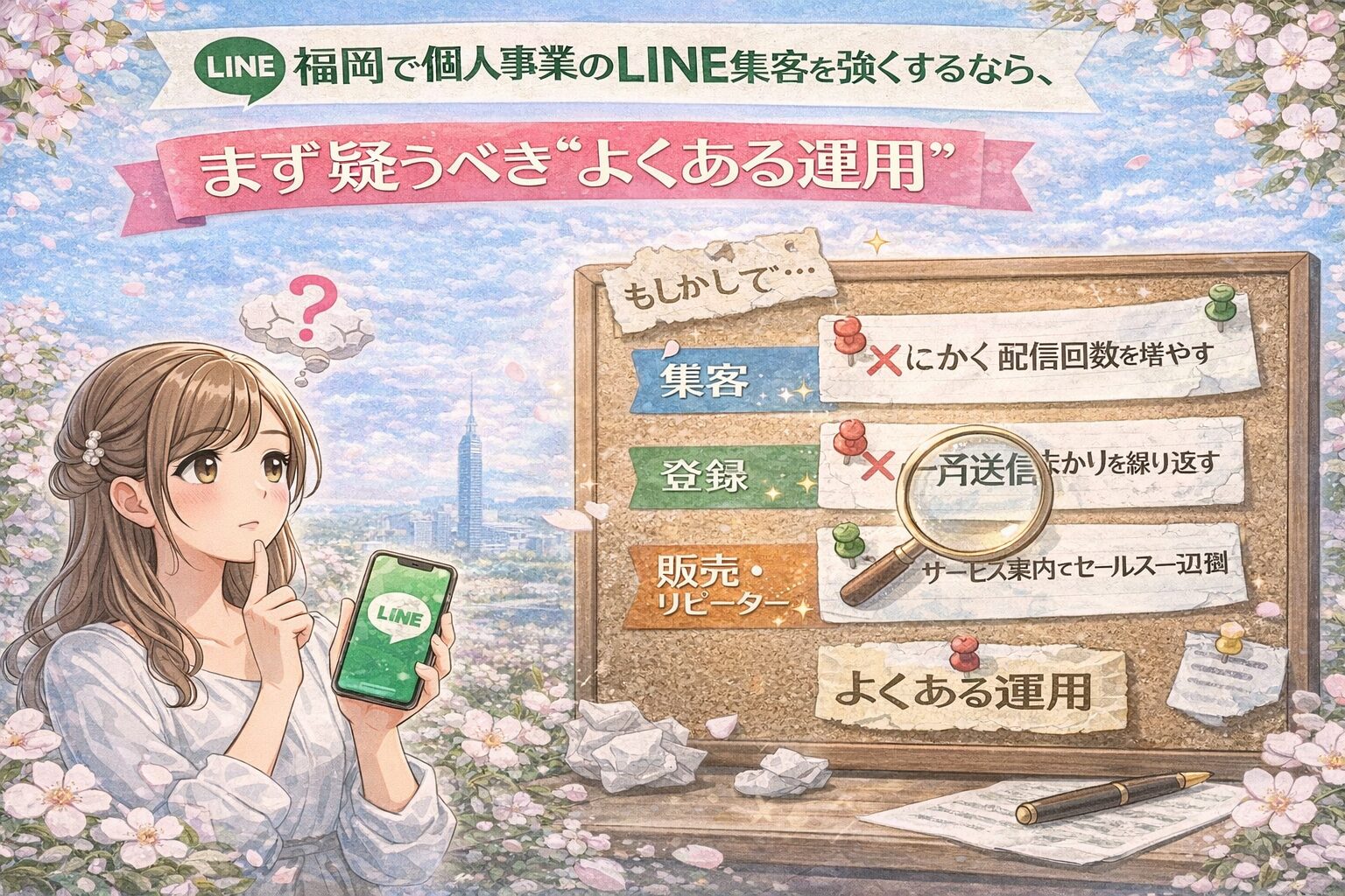 福岡の個人事業でLINE集客を見直す女性と、配信回数や一斉送信など“よくある運用”を示す掲示板の構成