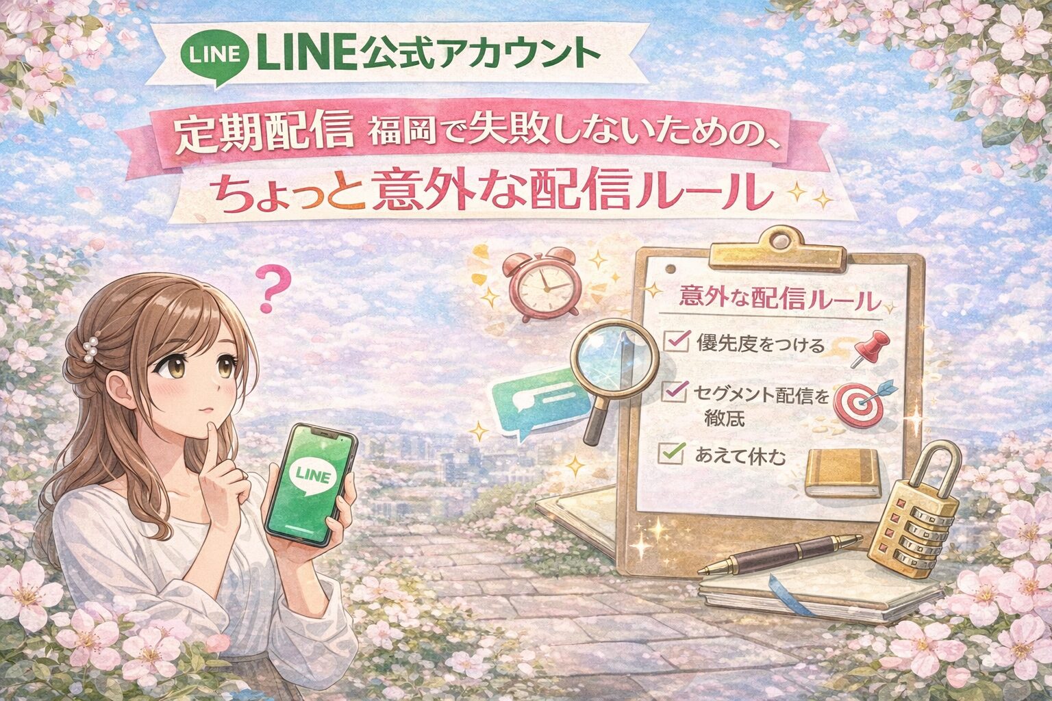 福岡でLINE公式アカウントの定期配信に悩む女性と、失敗しないための意外な配信ルールを示したチェックリストの構成