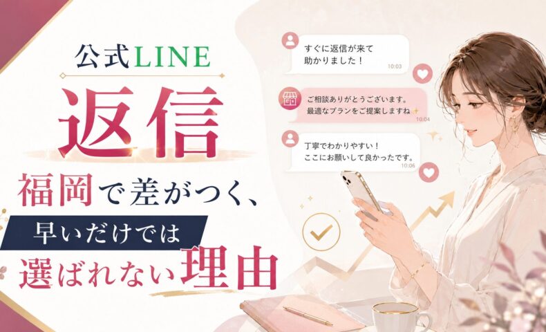 公式LINE 返信 福岡の店舗対応をテーマに、スマホで丁寧な返信を確認する女性と会話吹き出しを示す