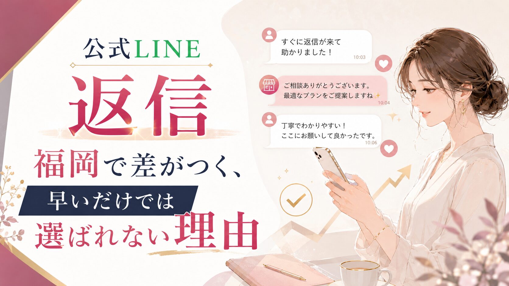 公式LINE 返信 福岡の店舗対応をテーマに、スマホで丁寧な返信を確認する女性と会話吹き出しを示す