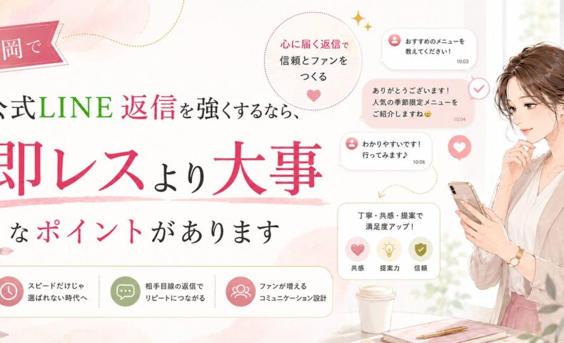福岡で公式LINE返信を強くするために、即レスより共感・提案・信頼を重視した対応設計を伝える女性向けビジュアル