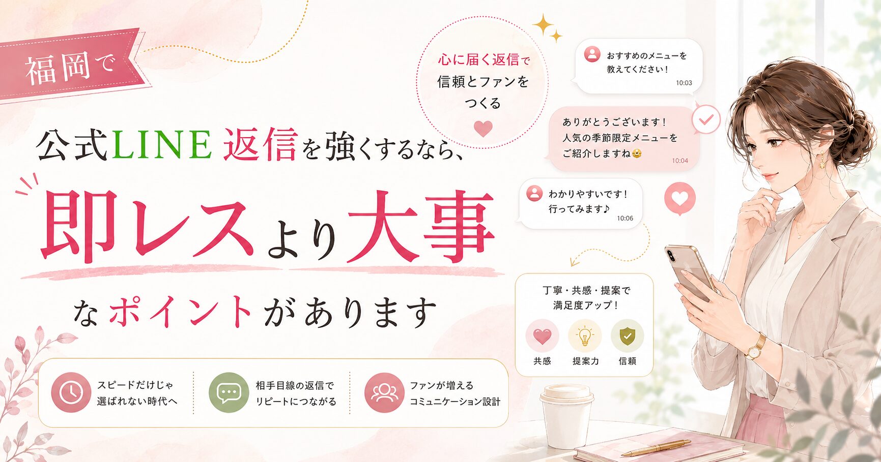 福岡で公式LINE返信を強くするために、即レスより共感・提案・信頼を重視した対応設計を伝える女性向けビジュアル